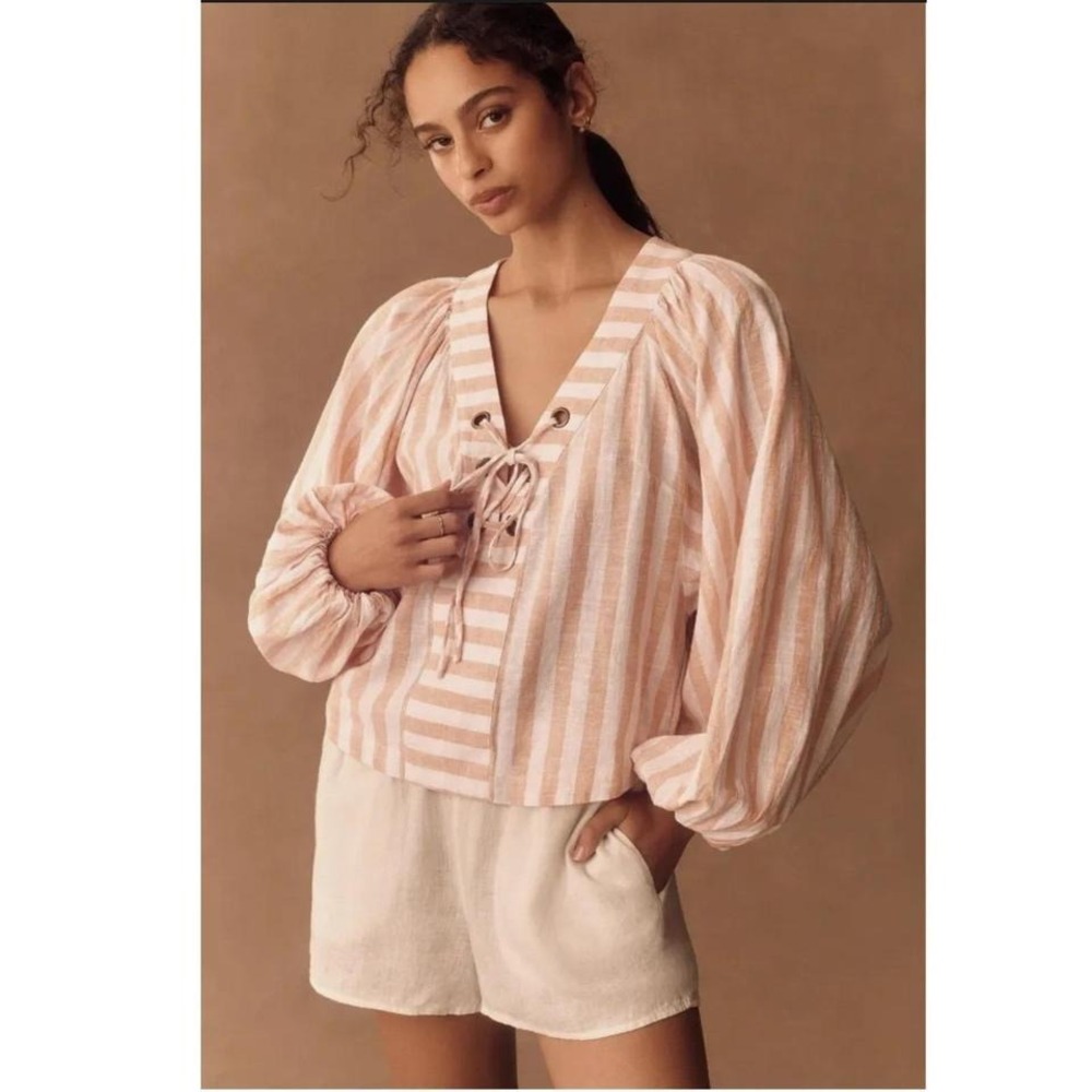 Anthropologie Pink White Striped Linen‎ Dolman Puff Sleeve Lace Up Top XL